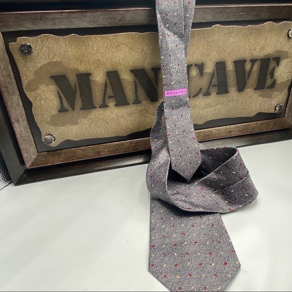 Bvlgari Silver Grey Red Yellow Silk Tieโ